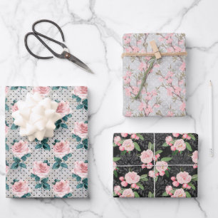 Grey Blush Pink Roses Floral Dots Wrapping Paper Sheets