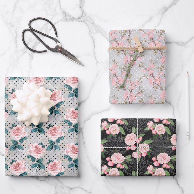 Grey Blush Pink Roses Floral Dots Wrapping Paper Sheets (Front)