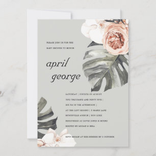 GREY BLUSH RUST FLORA MONSTRERA BABY SHOWER INVITE