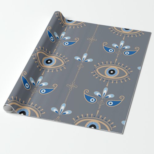 grey bohemian retro evil eye pattern wrapping paper