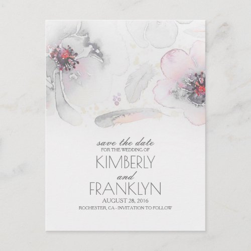 Grey Boho Floral Feather Watercolor Save the Date Announcement Postcard - Watercolor flowers and feathers romantic dusty grey and soft blush save the date postcards