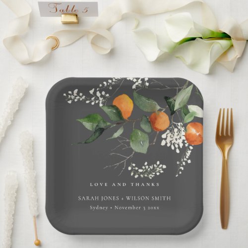Grey Boho Orange Blossom Botanical Wedding Paper Plates