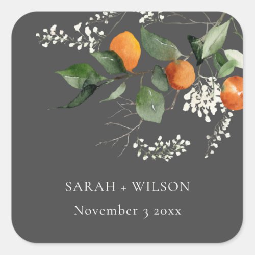Grey Boho Orange Blossom Botanical Wedding Square Sticker