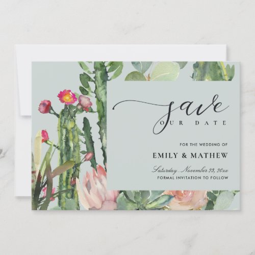 GREY BOHO PINK DESERT CACTUS FLORAL WATERCOLOR SAVE THE DATE