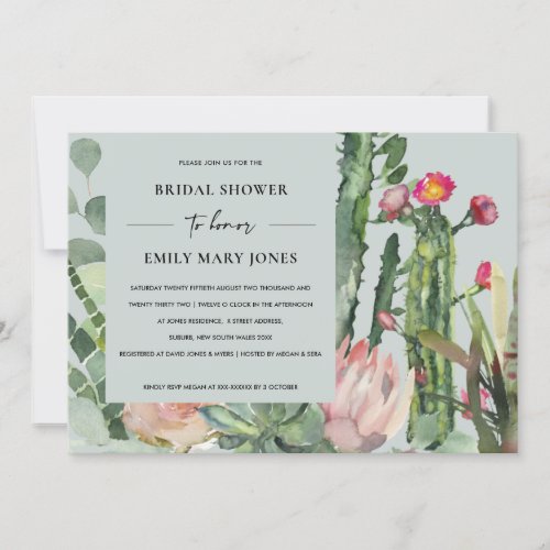 GREY BOHO PINK FLORAL CACTUS FOLIAGE BRIDAL SHOWER INVITATION