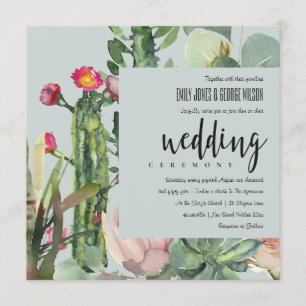 GREY BOHO PINK FLORAL DESERT CACTI FOLIAGE WEDDING INVITATION