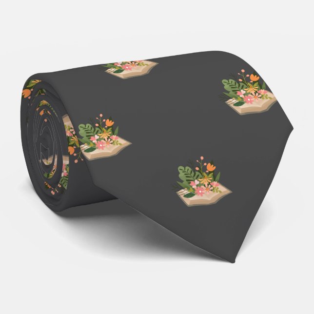 Grey Book and Flowers Novelist Work, Graduation Neck Tie (Rolled)