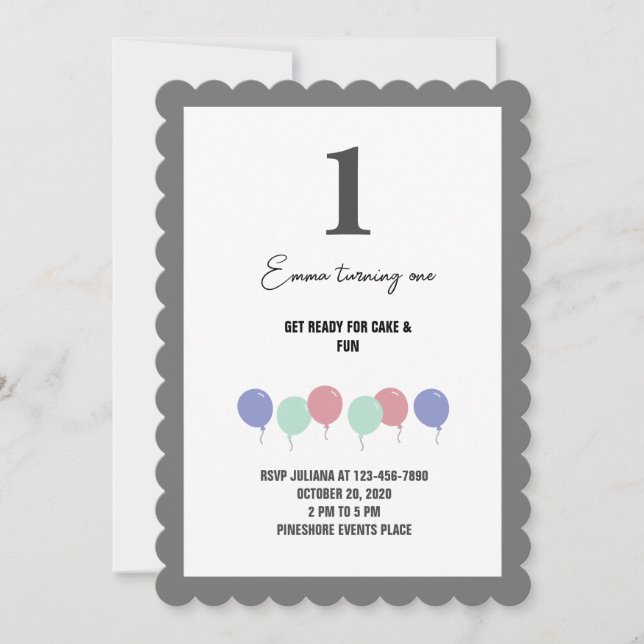Grey borders balloons 1st birthday Invitation (Front)