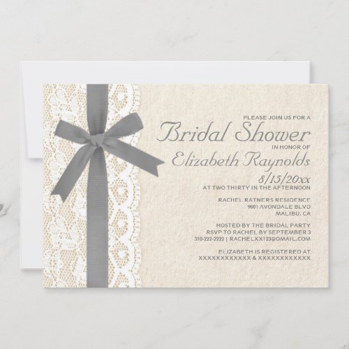 Grey Bow &amp; Lace Bridal Shower Invitations