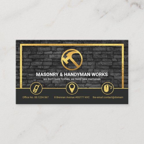 Grey Brick Wall Gold Frame Masonry Construction Business Card