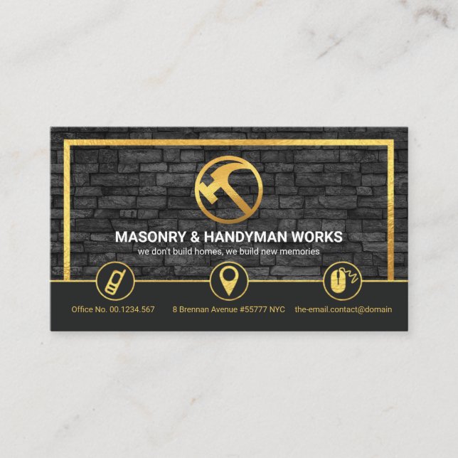 Grey Brick Wall Gold Frame Masonry Construction Business Card (Front)