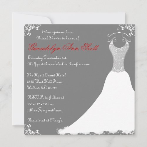 Grey Bridal Shower Wedding Gown Invitation