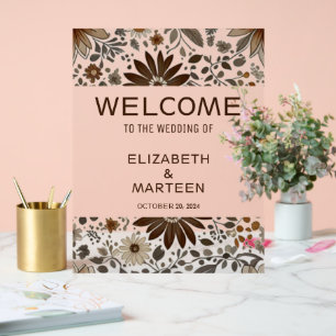 Grey Brown Leaf Pattern Autumn Wedding Acrylic Sign