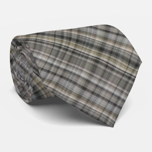 Grey Brown Neutral Plaid Boho Neck Tie (Rolled)