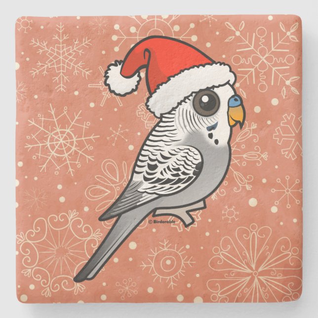 Grey Budgie Santa Claus Stone Coaster (Front)