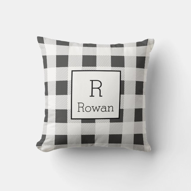 Grey Buffalo Check | Monogram Throw Pillow (Front)