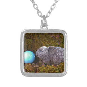 Grey Bunny, Blue Golf Ball Silver Plated Necklace