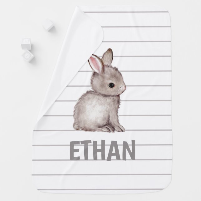 Grey bunny stripes personalized baby blanket (In Situ)