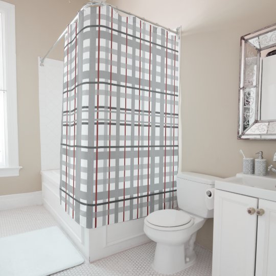 Grey Burgundy Plaid Stripes Pattern Shower Curtain