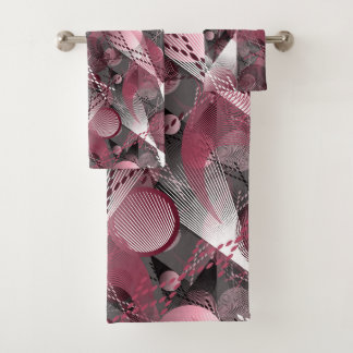 Grey, Burgundy, white abstract pattern. Bath Towel Set
