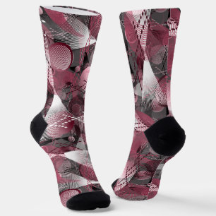 Grey, Burgundy, white abstract pattern. Socks