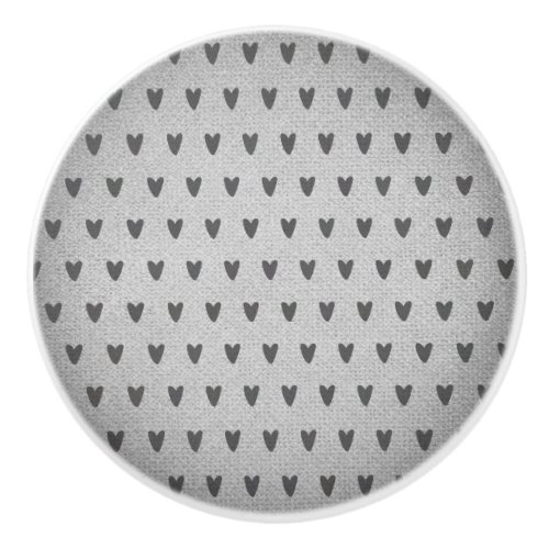 Grey Burlap Whimsical Hearts Rustic Farmhouse Ceramic Knob