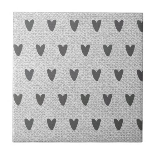 Grey Burlap Whimsical Hearts Rustic Farmhouse Ceramic Tile