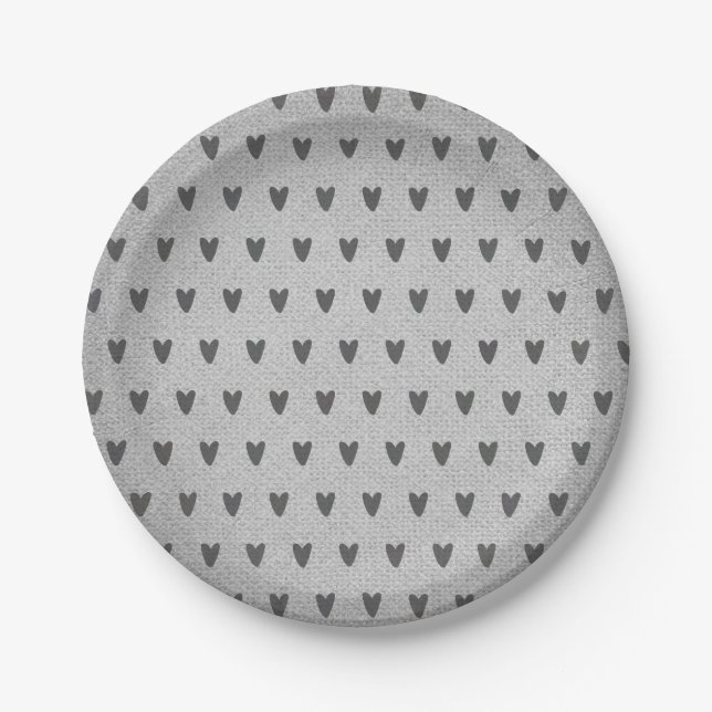 Grey Burlap Whimsical Hearts Rustic Farmhouse Paper Plates (Front)