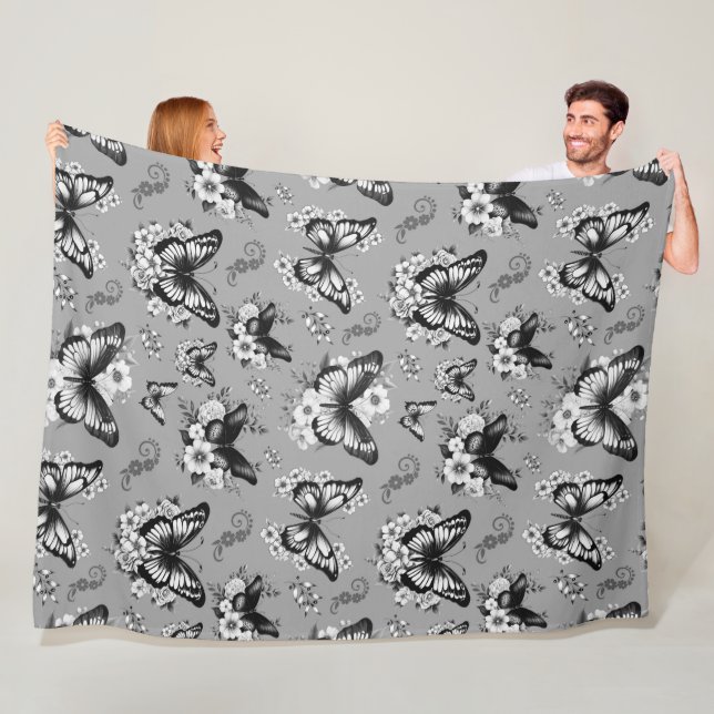 Grey Butterfly Pattern Fleece Blanket (In Situ)
