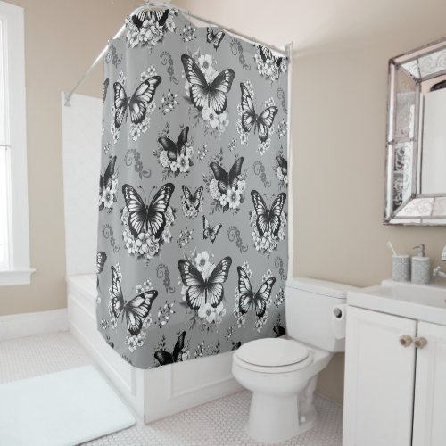 Grey Butterfly Pattern Shower Curtain