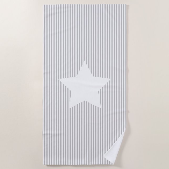 Grey Cabana Stripes & White Star Beach Towel (Front)