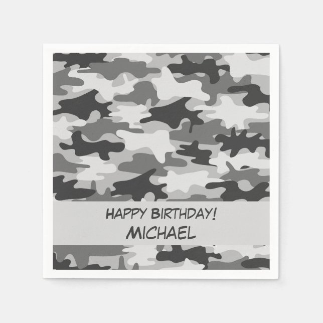 Grey Camo Camouflage Happy Birthday Name Custom Paper Napkins (Front)