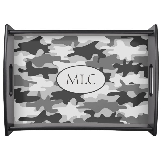 Grey Camo Camouflage Monogram Initial Personalized Serving Tray (Front)