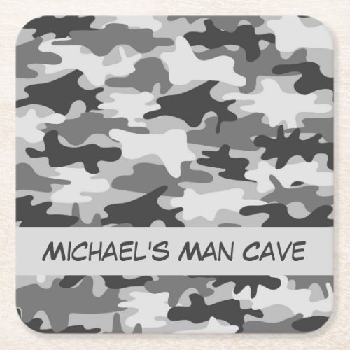 Grey Camo Camouflage Name Personalized Man Cave Square Paper Coaster