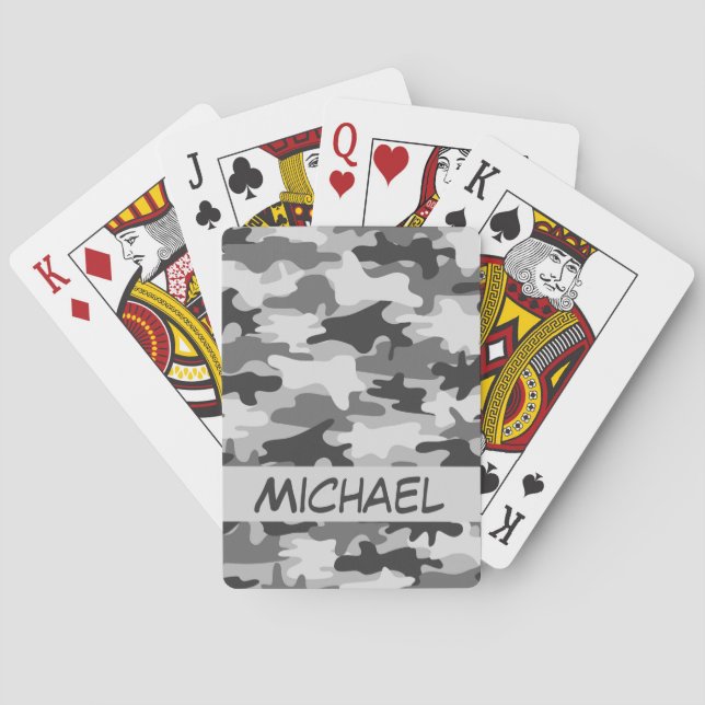 Grey Camo Camouflage Name Personalized Poker Cards (Back)