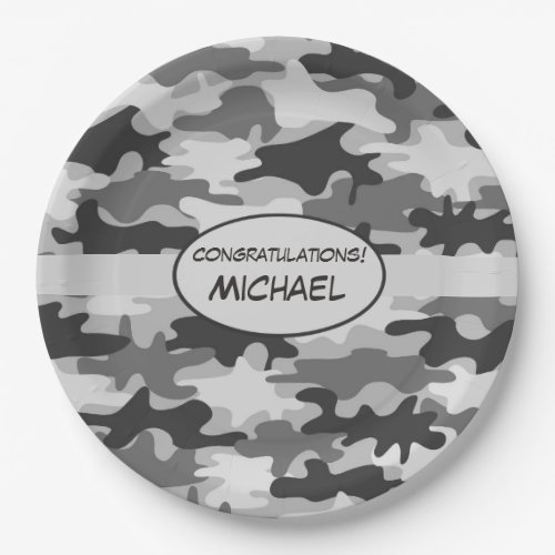 Grey Camouflage Congratulations Name Personalized Paper Plates