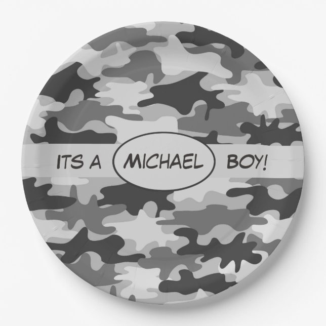 Grey Camouflage Its A Boy Name Personalized Paper Plates (Front)