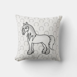 Grey Cartoon Gypsy Vanner Shire Clydesdale Horse Throw Pillow