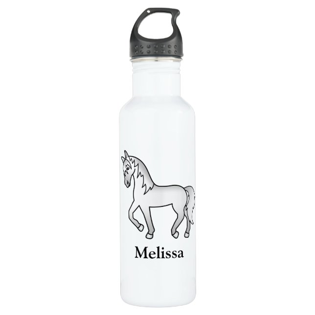 Grey Cartoon Trotting Horse & Custom Name Stainless Steel Water Bottle (Front)