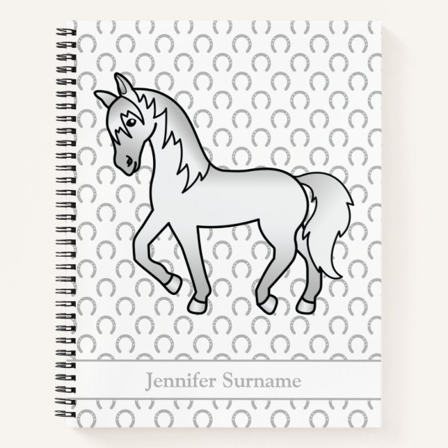 Grey Cartoon Trotting Horse & Custom Text Notebook (Front)