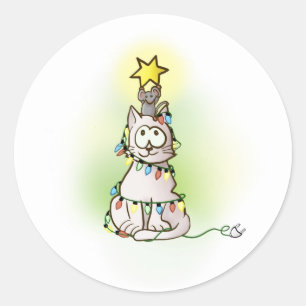 Grey Cat and Mouse with Christmas Lights Classic Round Sticker