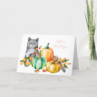 Grey Cat and Pumpkins Watercolor Thanksgiving Card