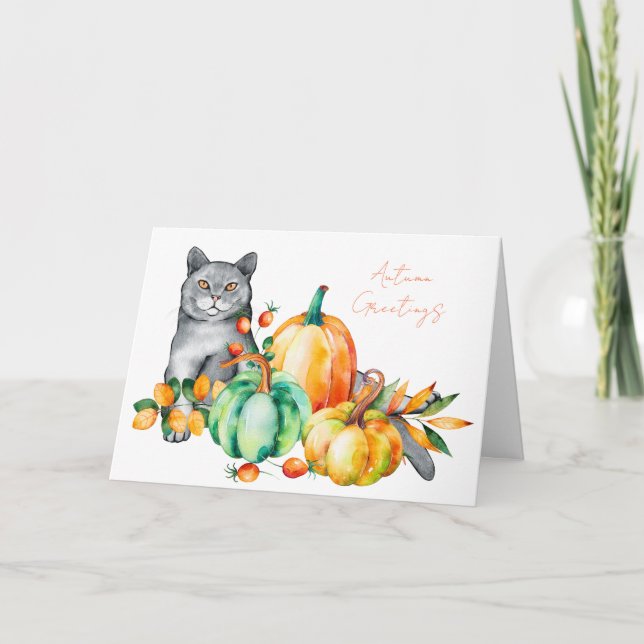 Grey Cat and Pumpkins Watercolor Thanksgiving Card (Front)