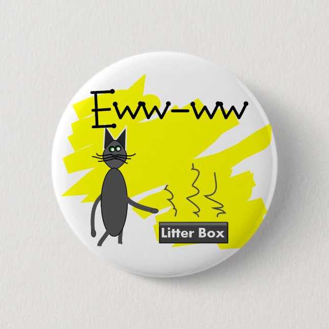 Grey Cat Art--Hilarious Stinky Litter Box and Cat Button (Front)