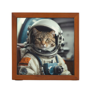Grey Cat Astronaut in Outer Space Desk Organizer