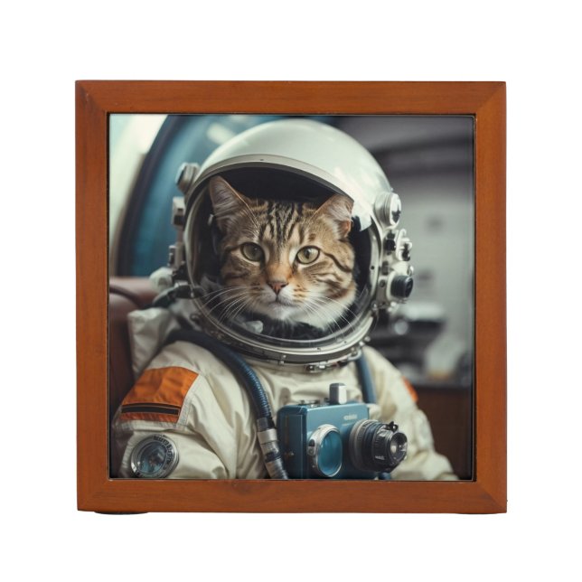Grey Cat Astronaut in Outer Space Desk Organizer (Front)