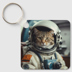 Grey Cat Astronaut in Outer Space Keychain