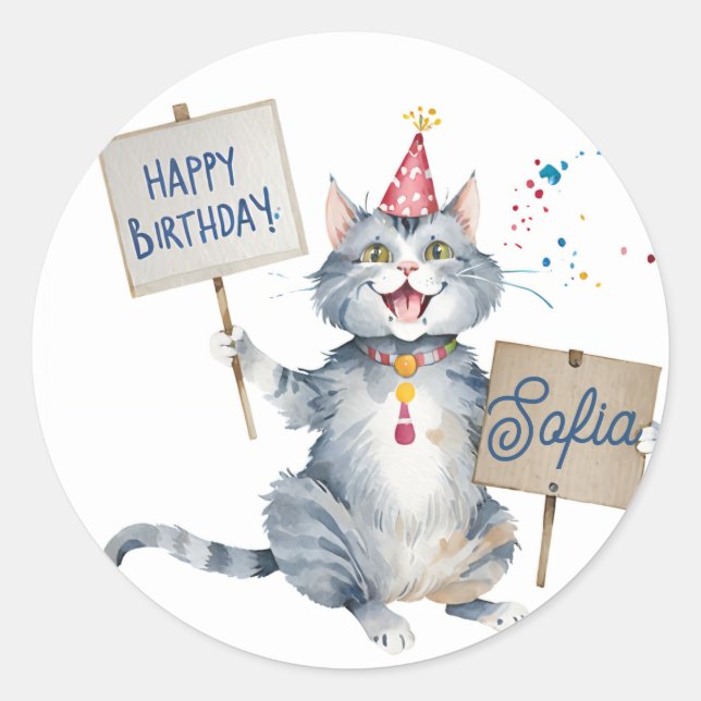 Grey Cat Birthday Sign - Customized Birthday Classic Round Sticker (Front)