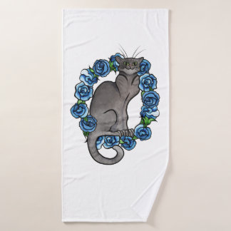 Grey Cat Blue Roses Caturday Gray Cats Bath Towel