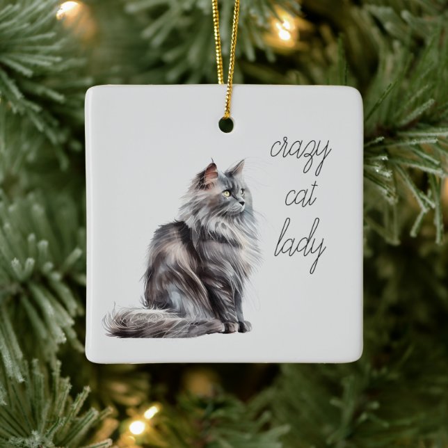 Grey Cat  Ceramic Ornament (Tree)
